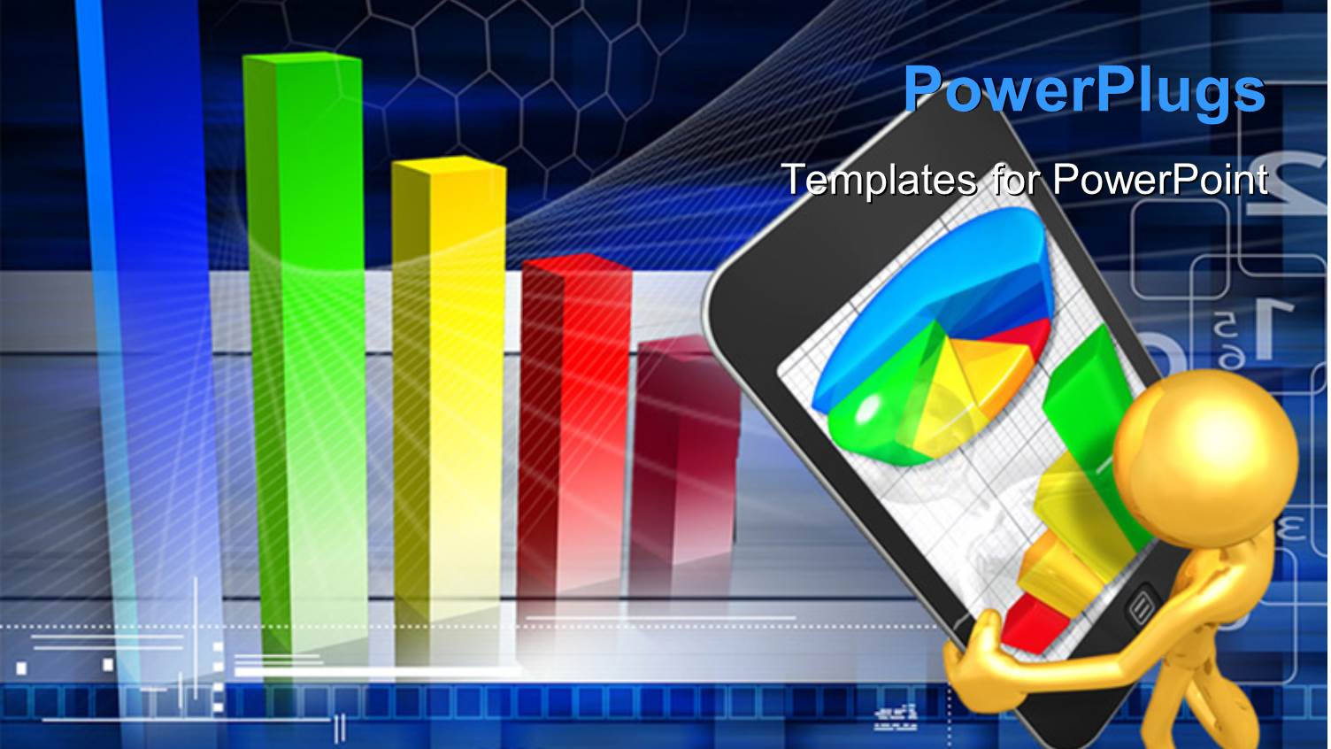 Business Depiction with 3D Charts and Man Carrying large PDA