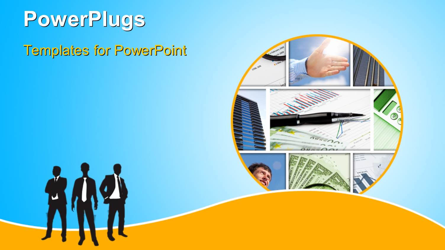 Business Design with Three Silhouettes of Business People and Depiction of a Collage Representing Money, Pen and