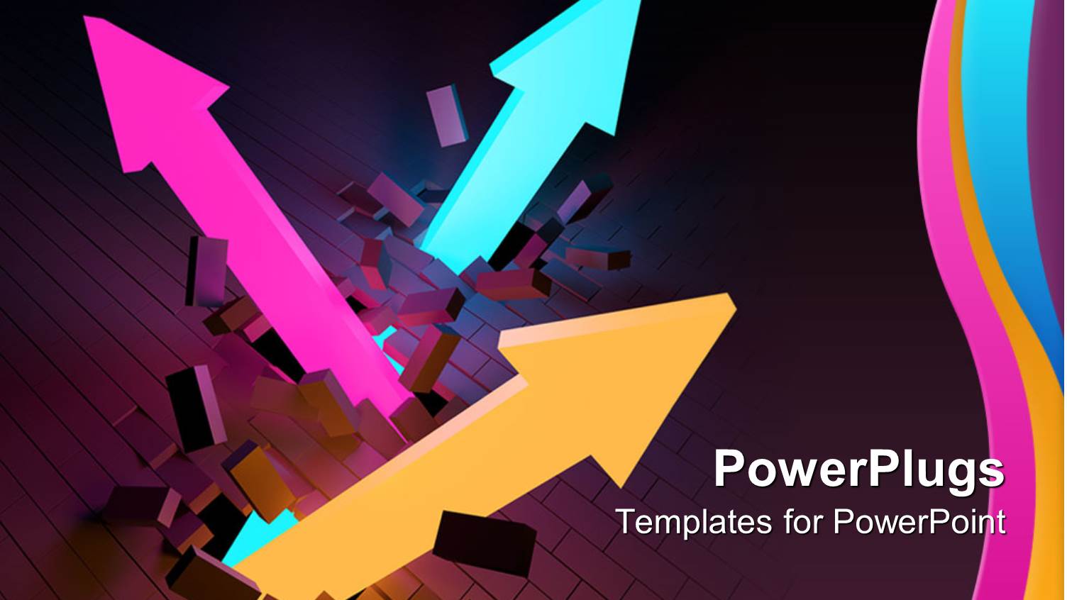 Business Growth Upward Trend Metaphor with Pink, Orange and Aqua Arrows Breaking Through Wall
