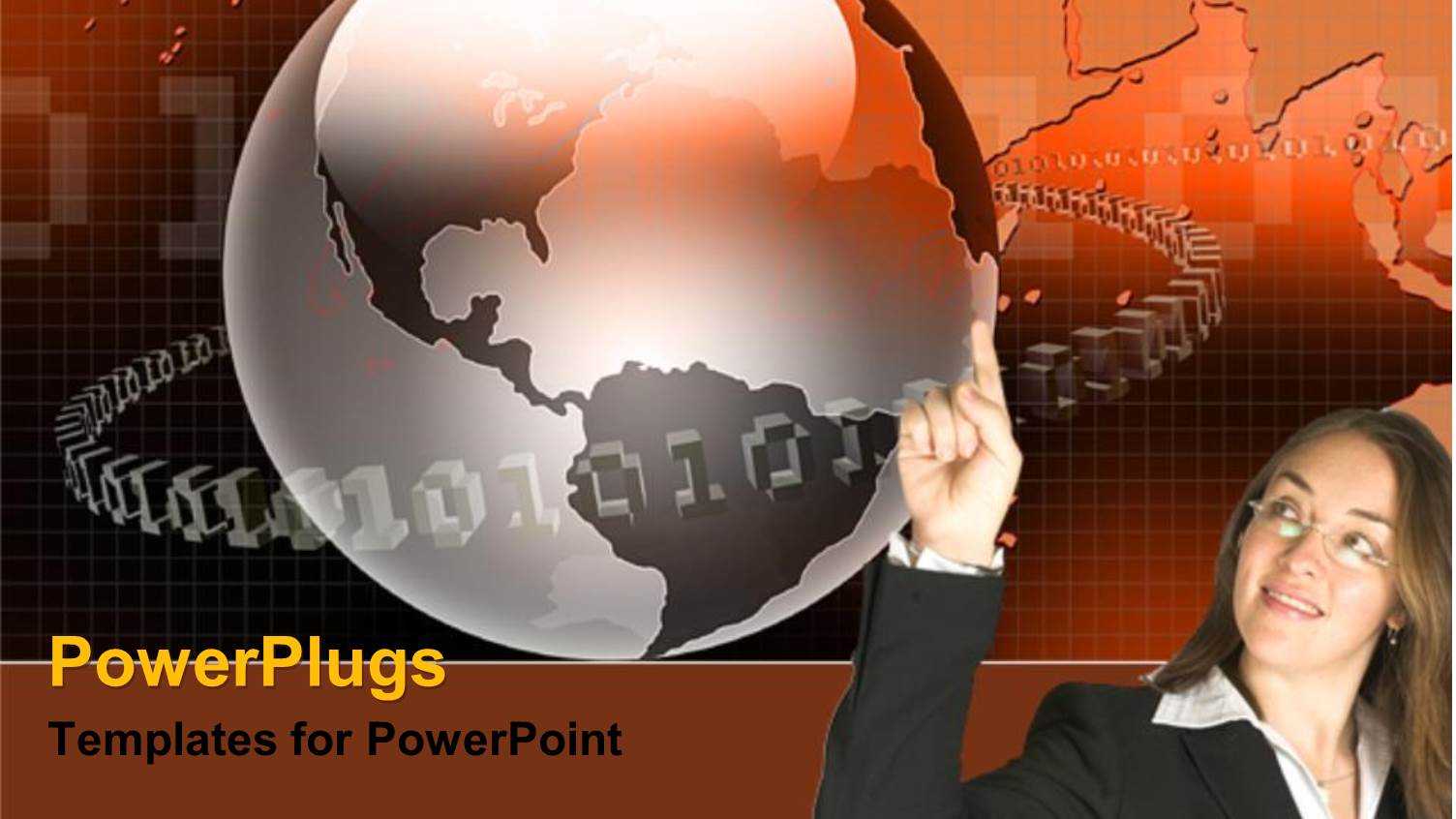 Business Lady Pointing at an Earth Globe with Binary Codes