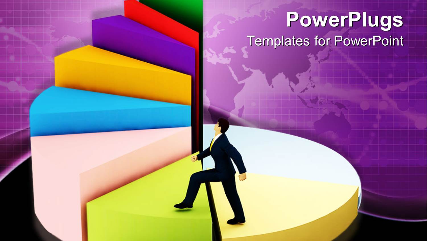 Business Man in Black Suit Climbing Up a Pie Chart Consisting of Spiral Stairs, Depicting Concept of Success with Plain