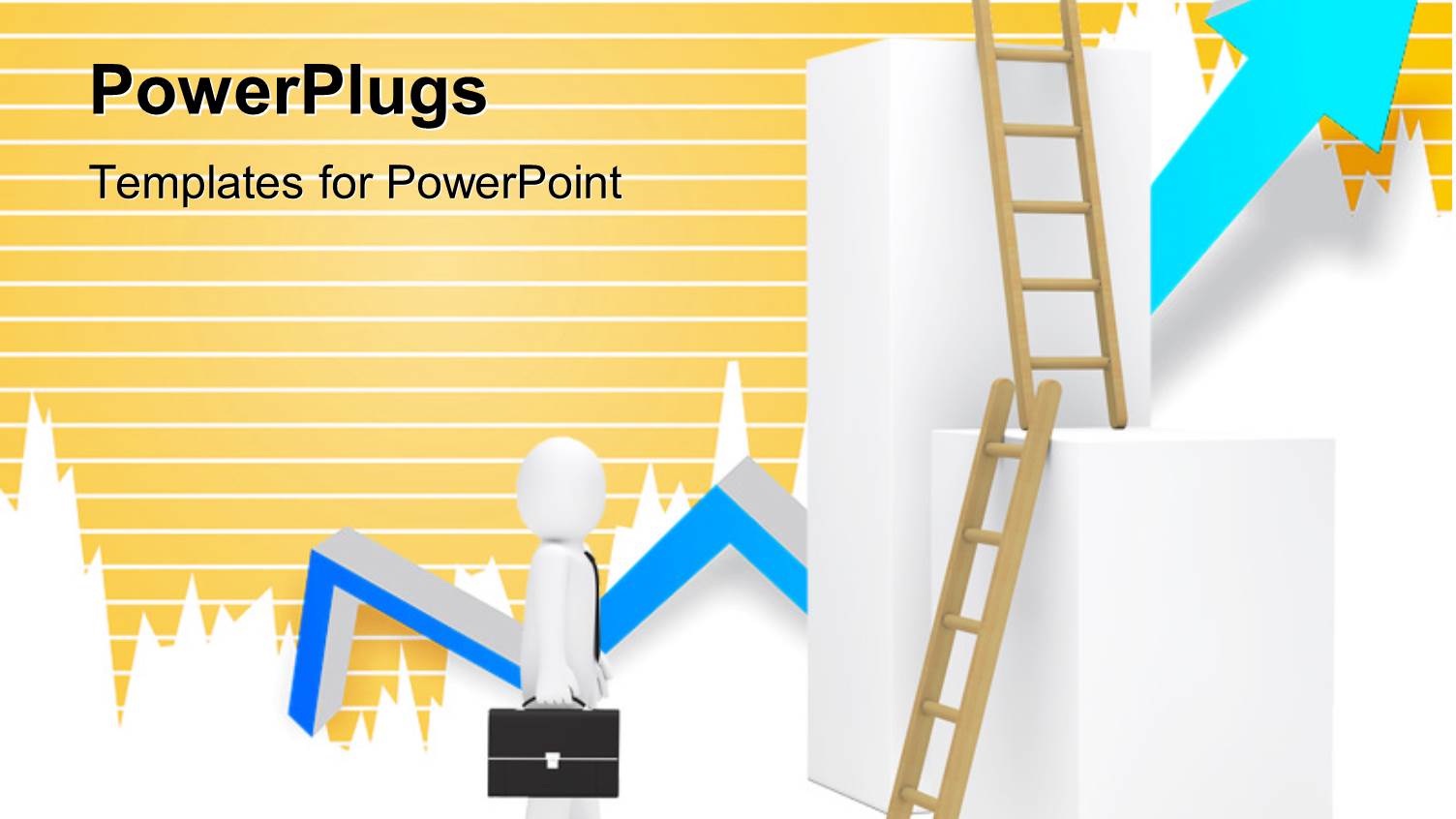 Business Man with Briefcase Stand Before Ladder and Blue Arrow in Background