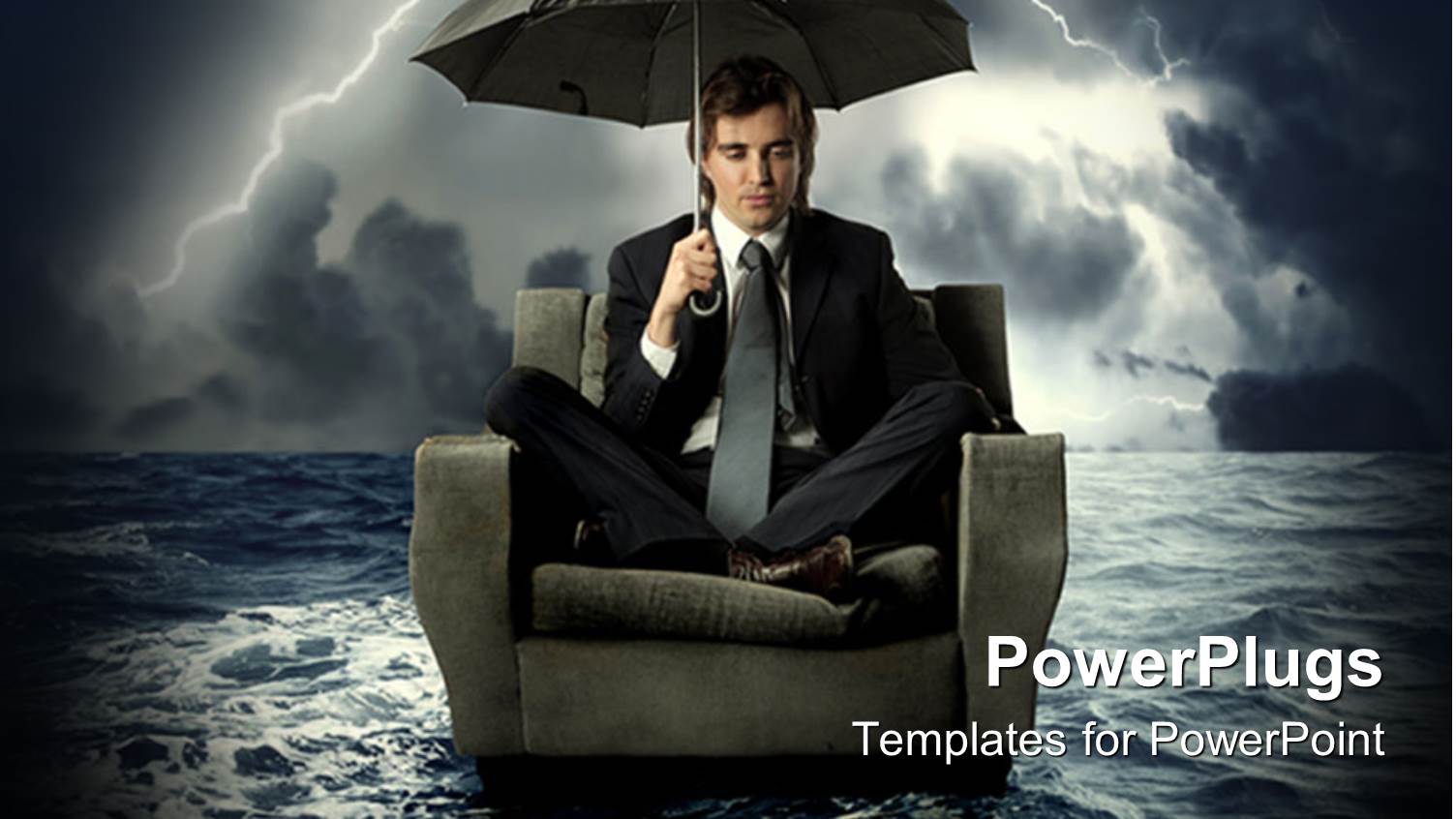 Business Man Floating on Water with Umbrella in Electric Storm, Risk Management