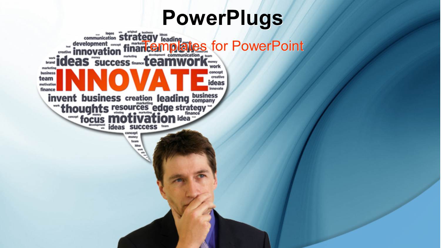 Business Man with Hand on Chin and Speech Bubble with Innovative Terms