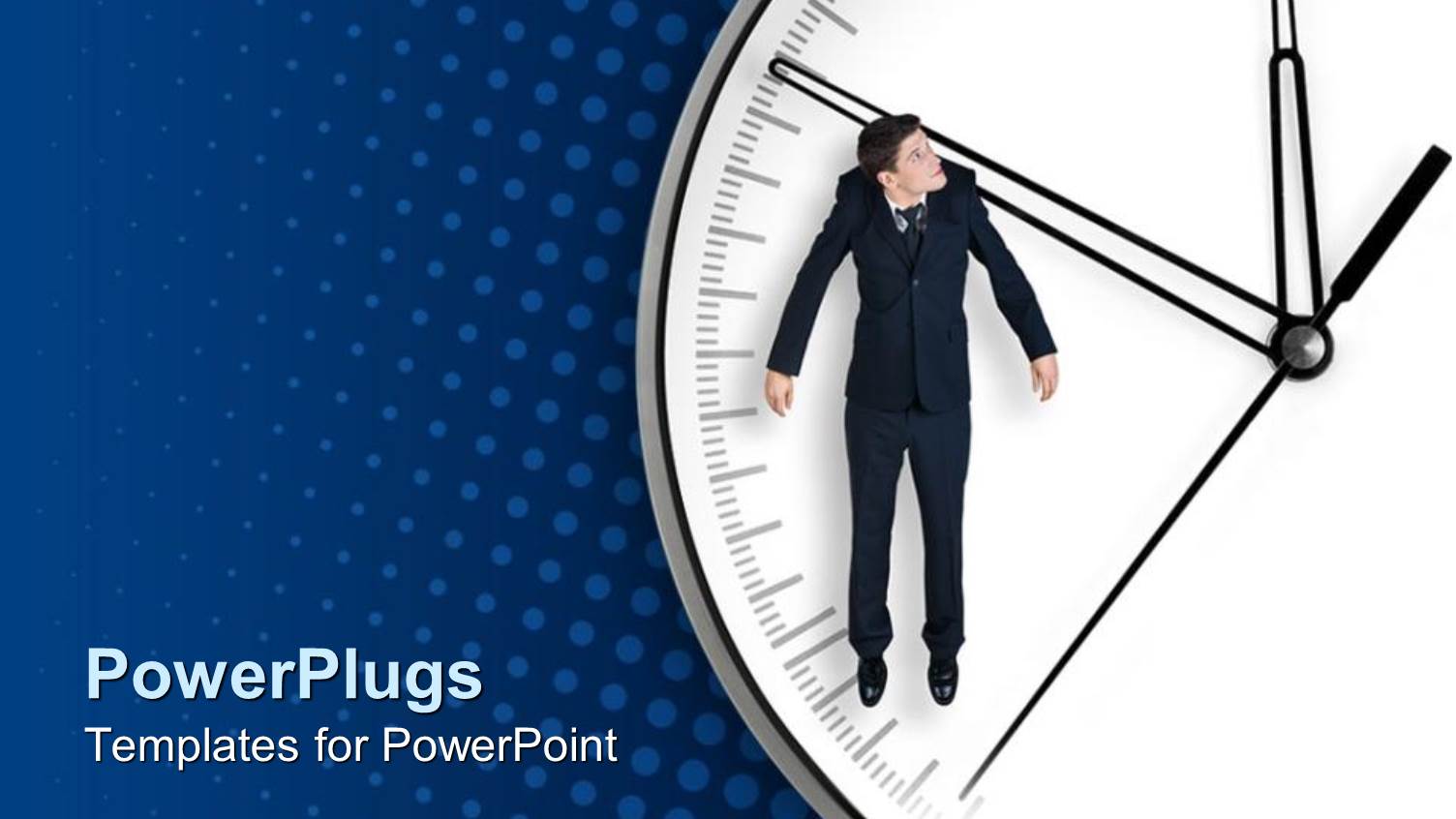 Business Man Hanging on Arrow of a White Clock on Blue Polka Dot Background