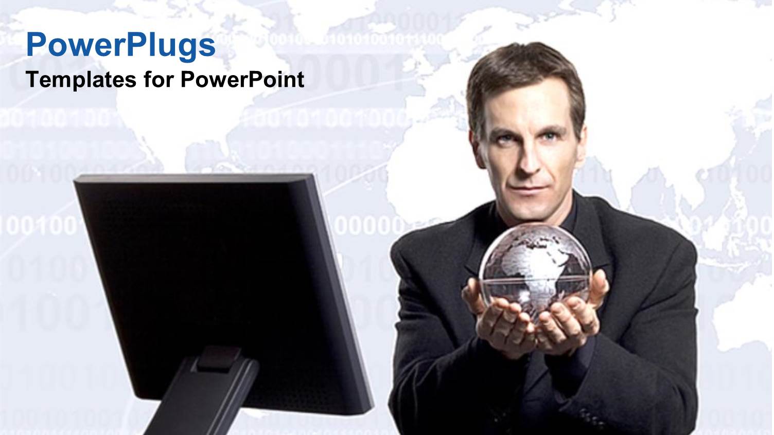 Business Man Holding Glossy Gray Globe in Hands Sitting at Office Desk with Computer Monitor and Keyboard, World Map in