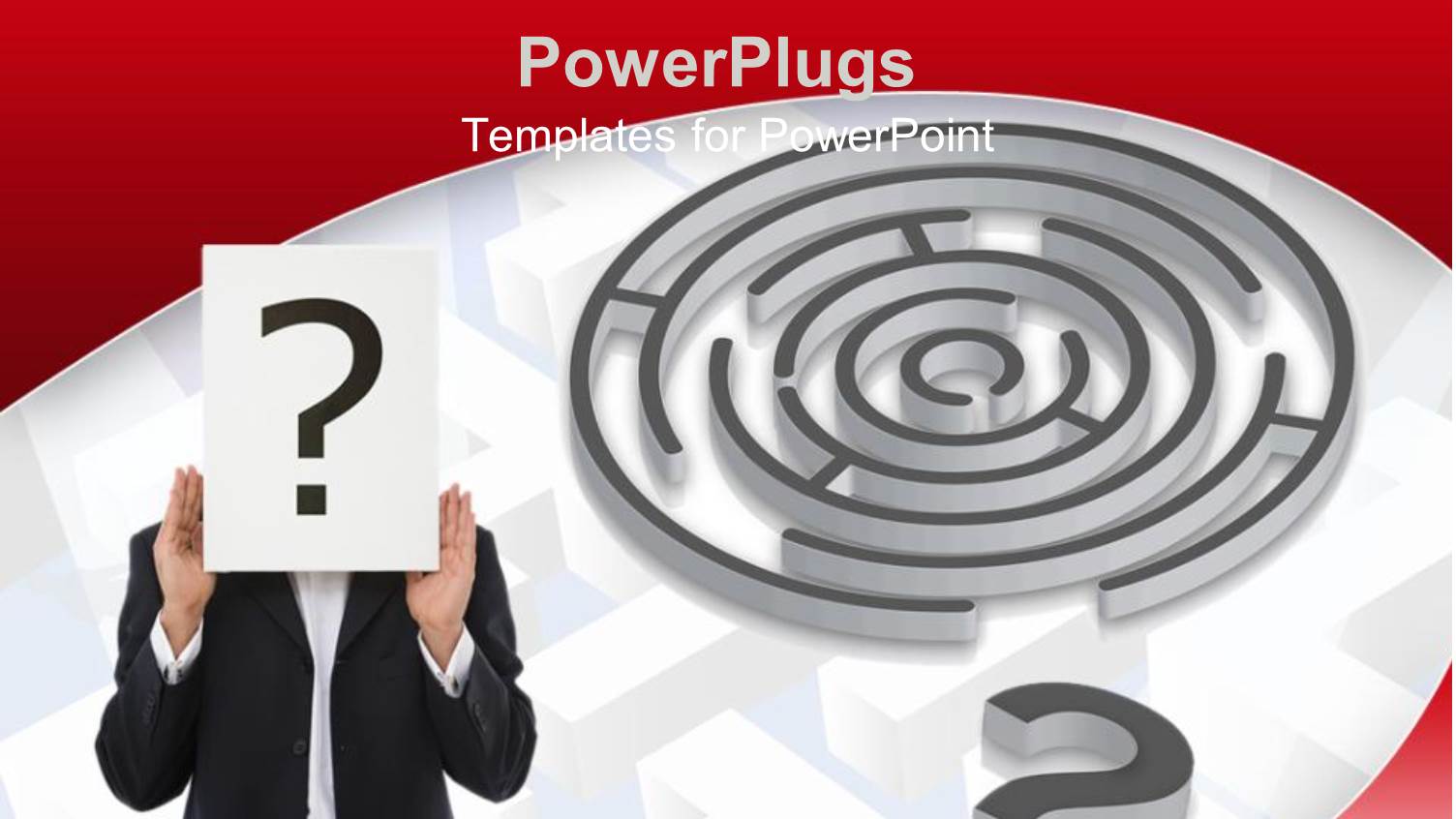 Business Man Holding White Paper with Black Question Mark and Maze with Question Mark on White and Red Background