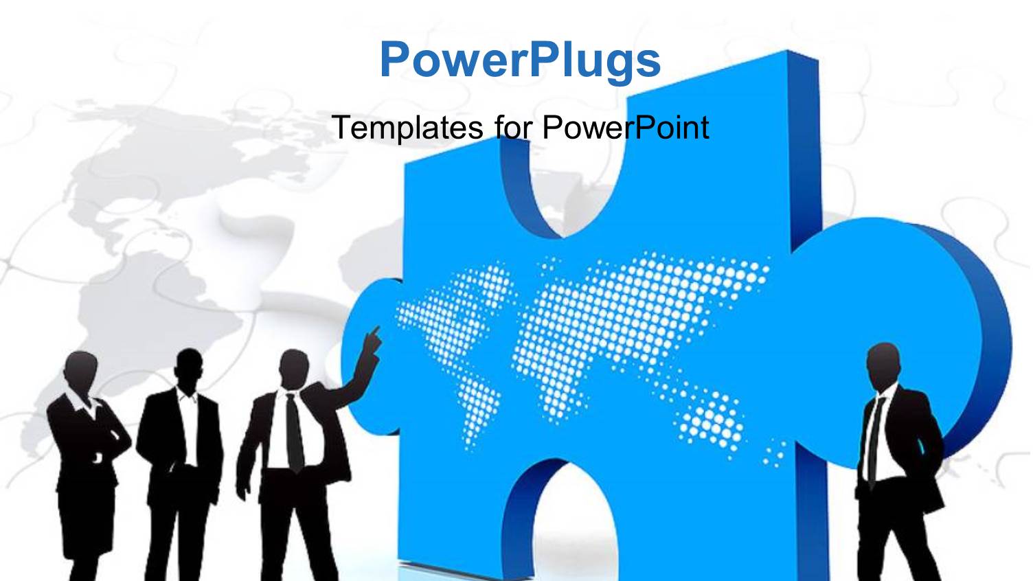 Business Man Presenting with World Map Over Blue Puzzle Piece