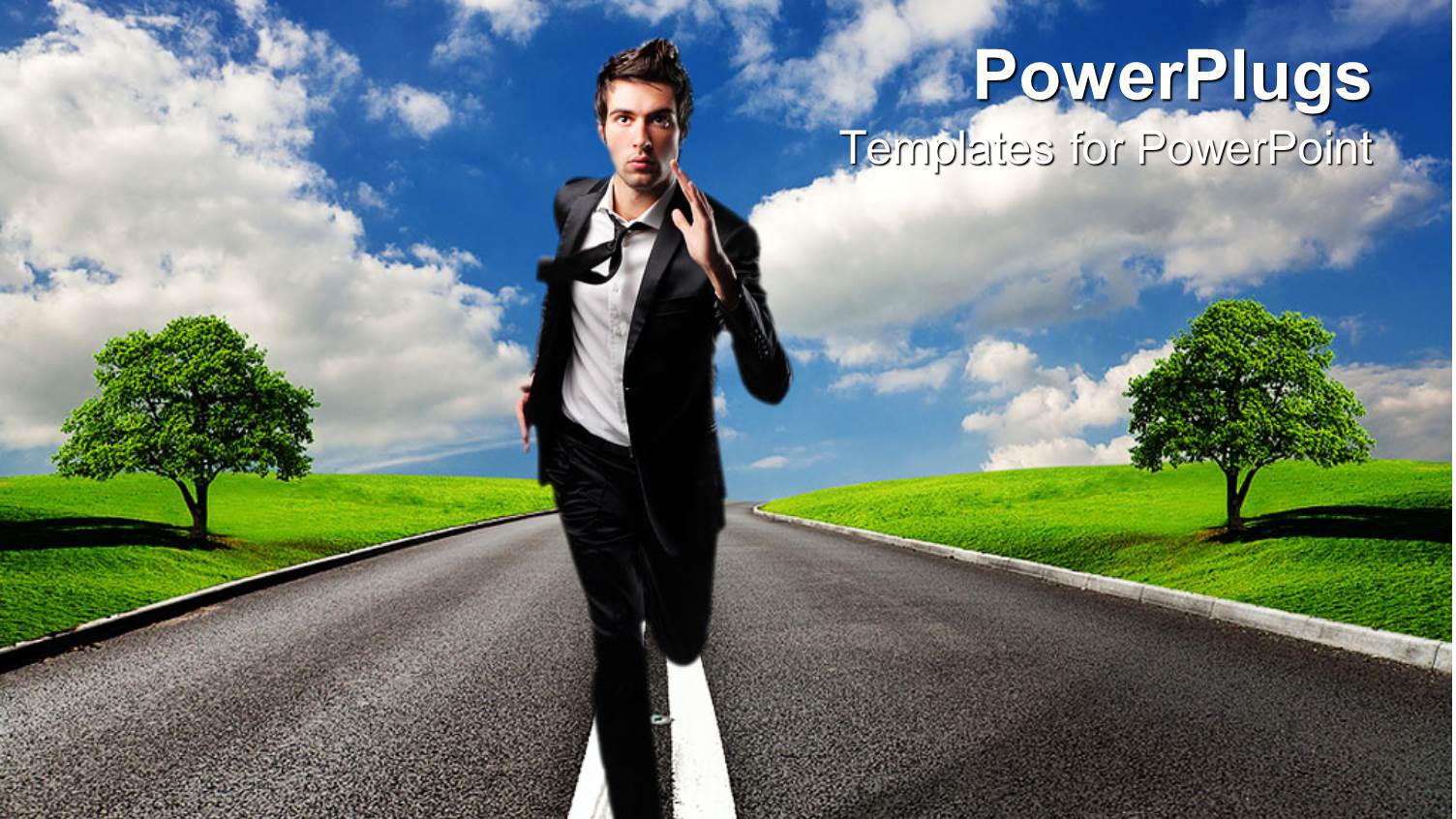 Business Man Running in Middle of Tarred Road with Cloudy Sky