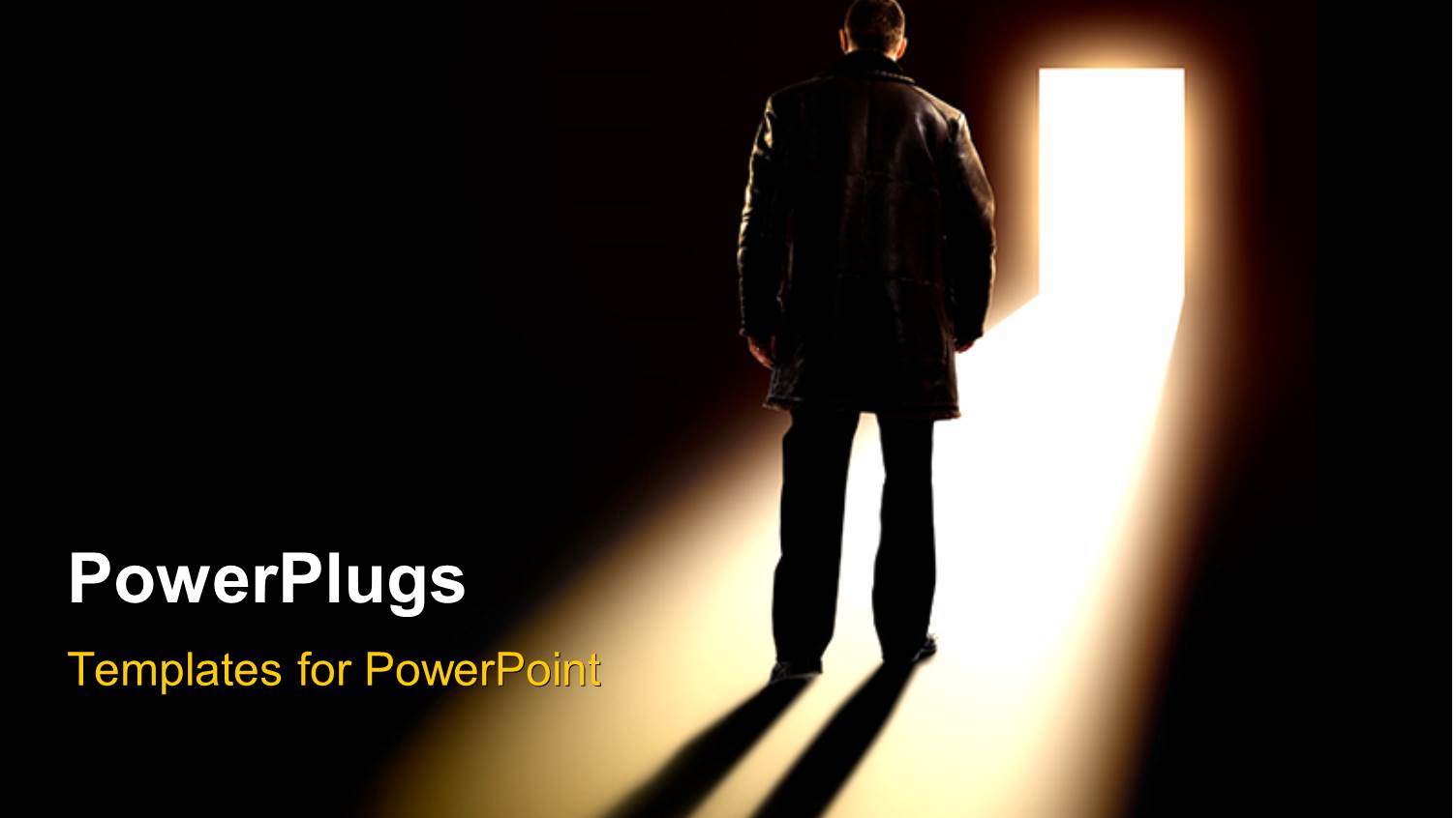 Business Man Standing Looks Towards Open Door with Glowing Light 