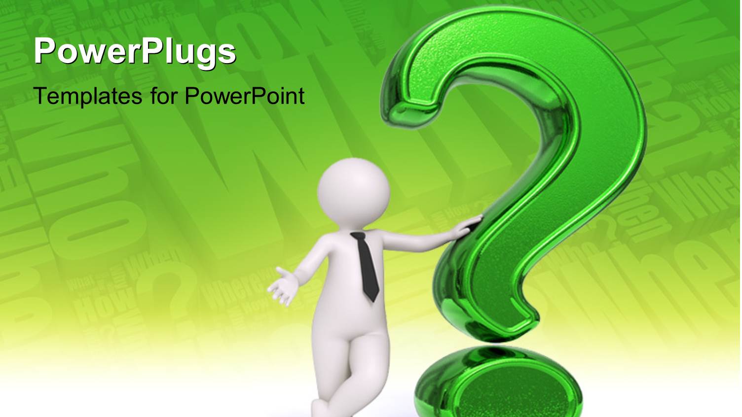 Business Man Standing Near a Green Question Mark with Questions