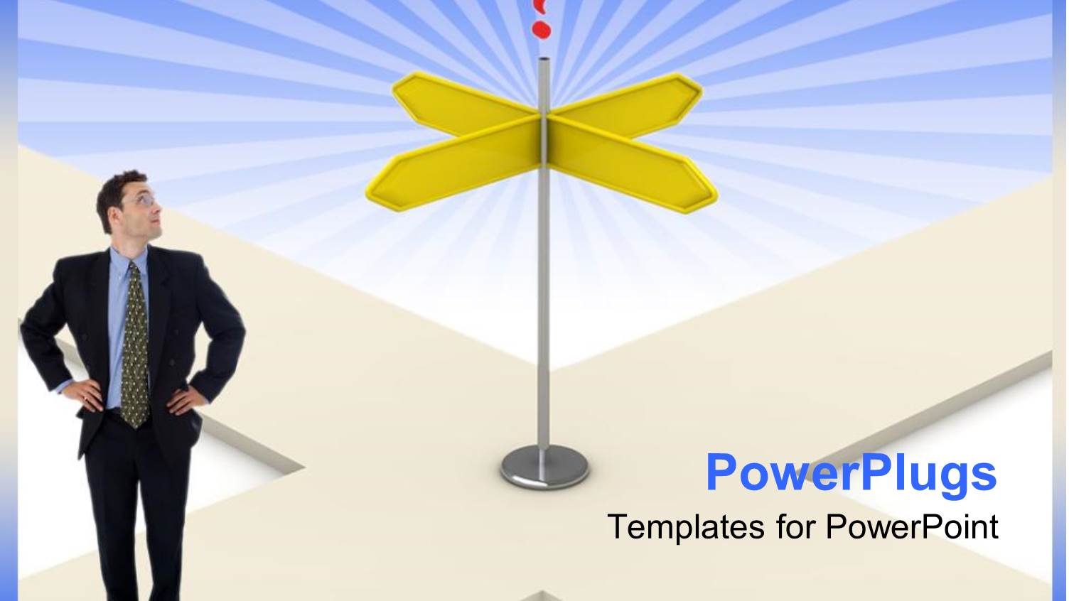 Business Man Standing on Orange Circle and Looking Through Signpost with Four Yellow Arrows Pointing in Four Directions