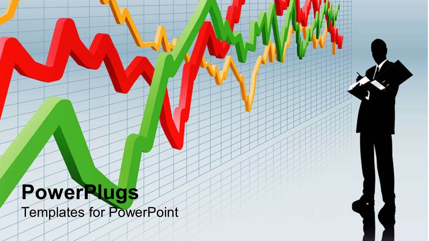 Business Man in Suit Standing Next to large Line Chart in Red, Yellow, Green