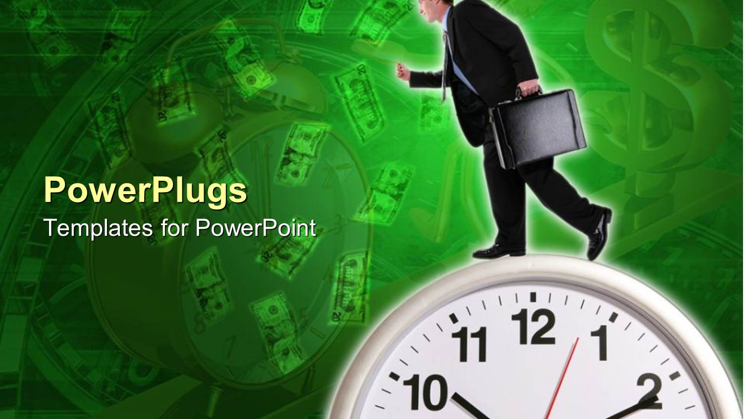 Business Man with Suitcase Running on Top of an Alarm Clock and Money Bills on Green Background