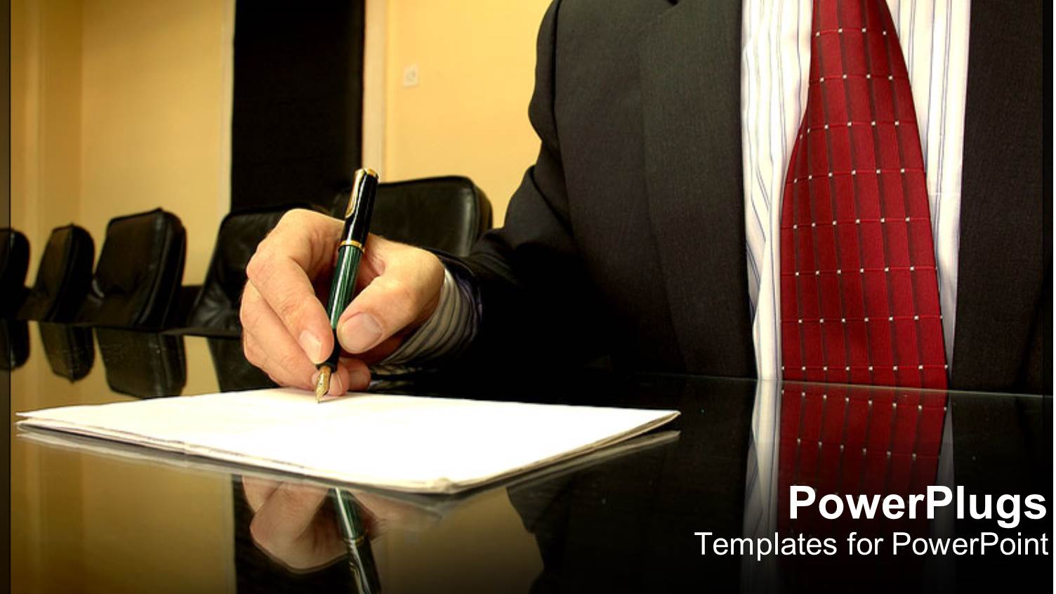 Business Man Taking Notes on Paper at Conference Room Table in Board Room, Meeting, Executive