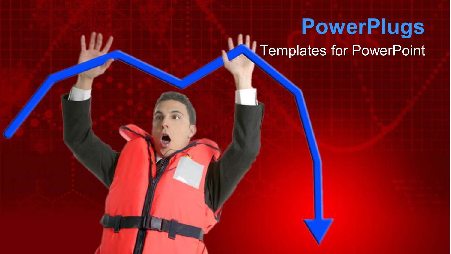 Business Man Wearing Lifesaver Jacket with Raised Hands Holding Falling Blue Arrow