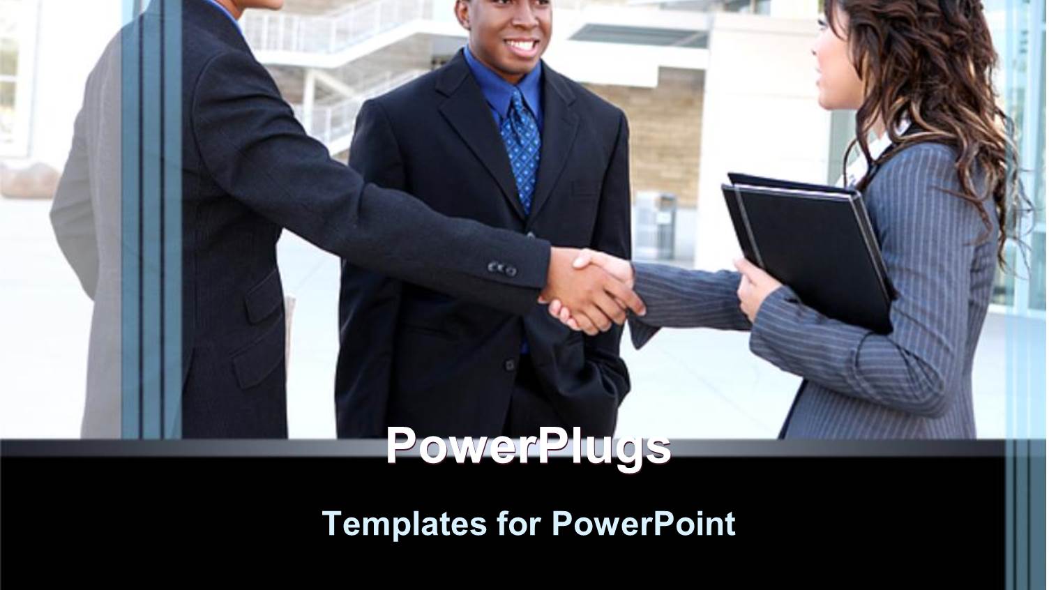 Business Man and Woman Shaking Hands and Black Business Man Smiling, Woman Holding File