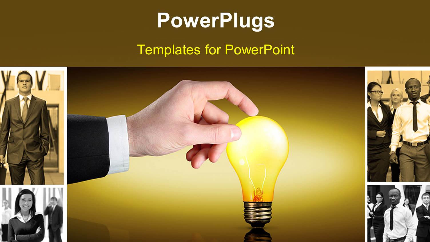 Man Touches Glowing Light Bulb with Collage of Business Professionals