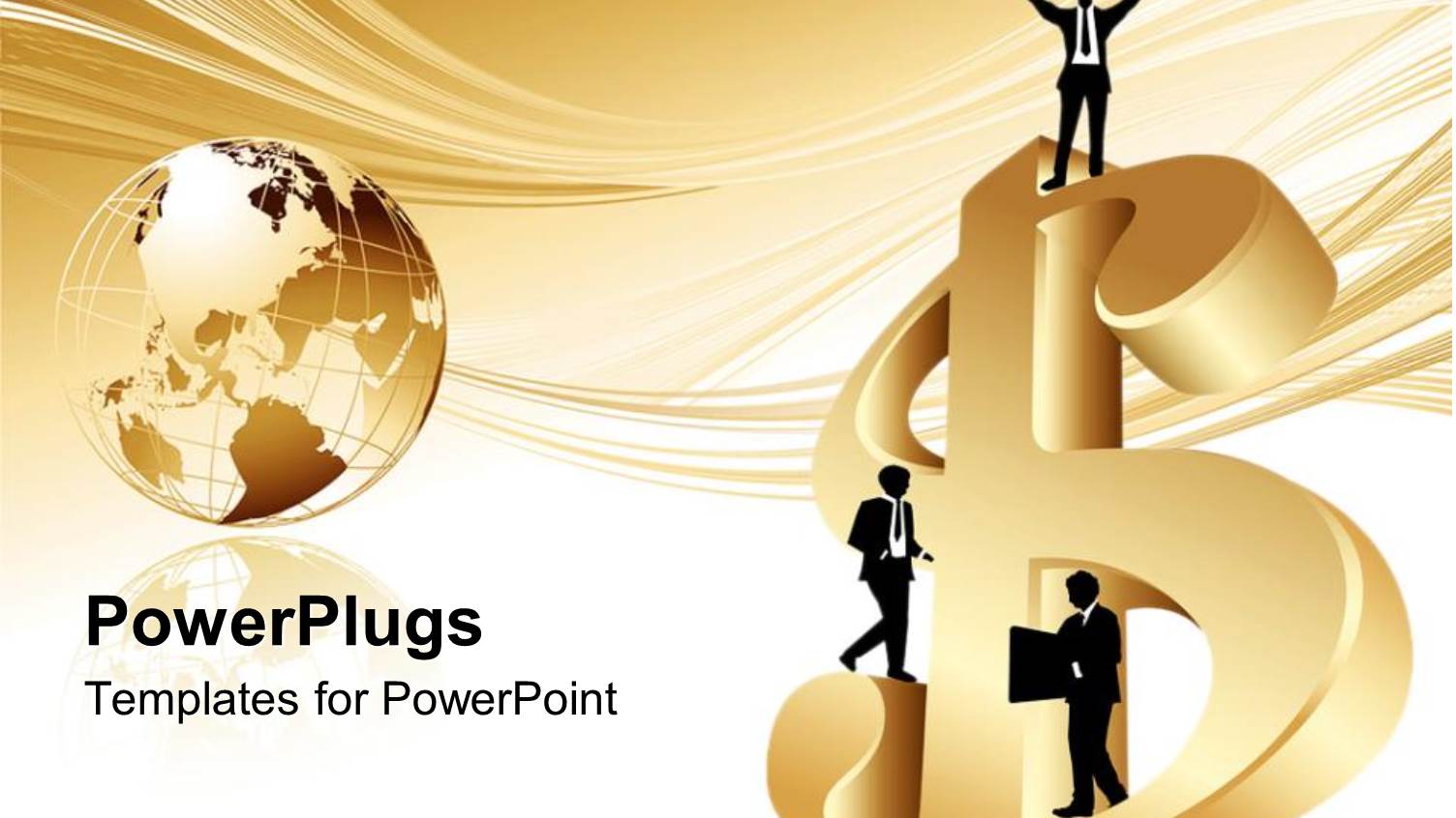 Business Men Standing on Gold Dollar Sign, Gold Globe World