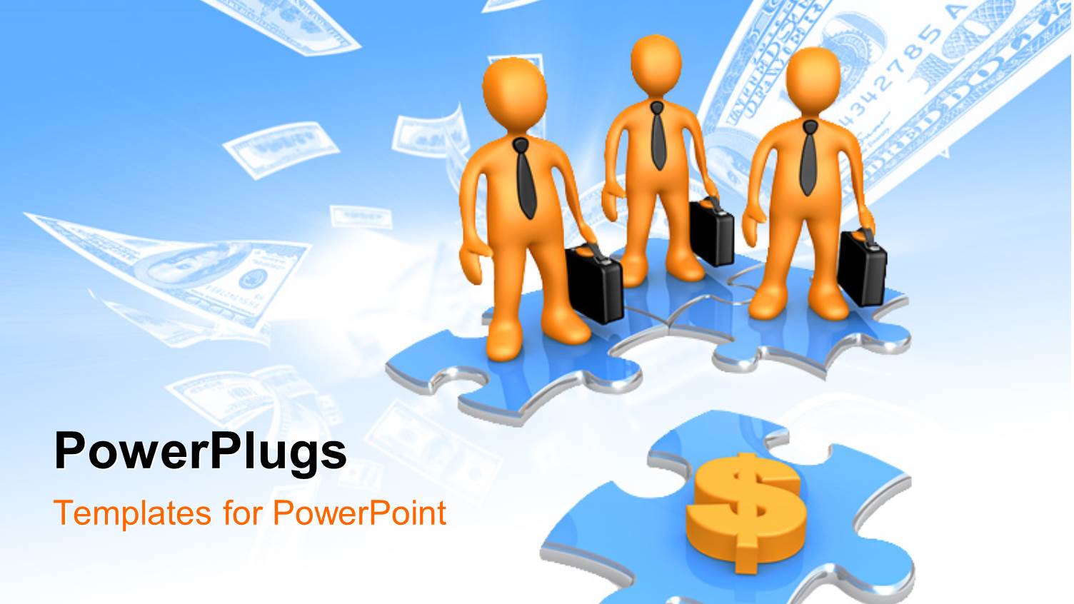 Business Men Standing on Puzzle Piece Looking at Dollar Sign on Puzzle Piece