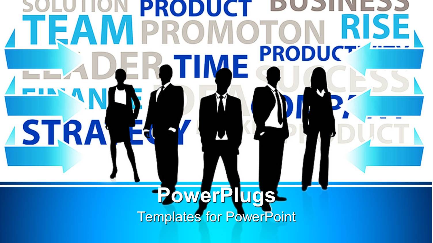 Business Men and Women Dressed Formally Pose on Blue and White Background