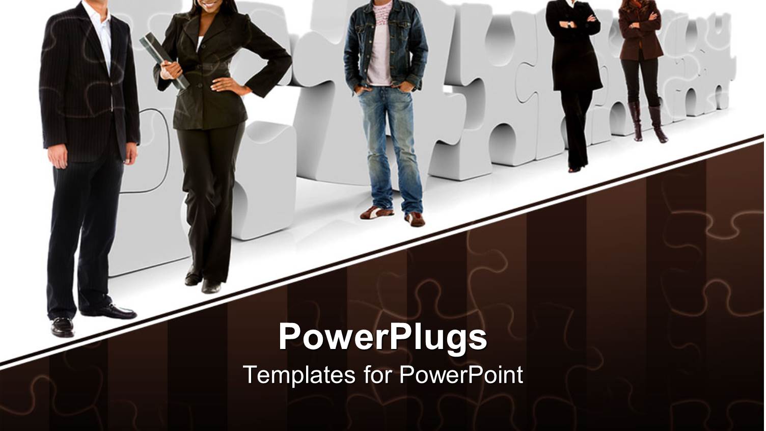 Business Men and Women Posses in Front of Jigsaw Puzzle Pieces