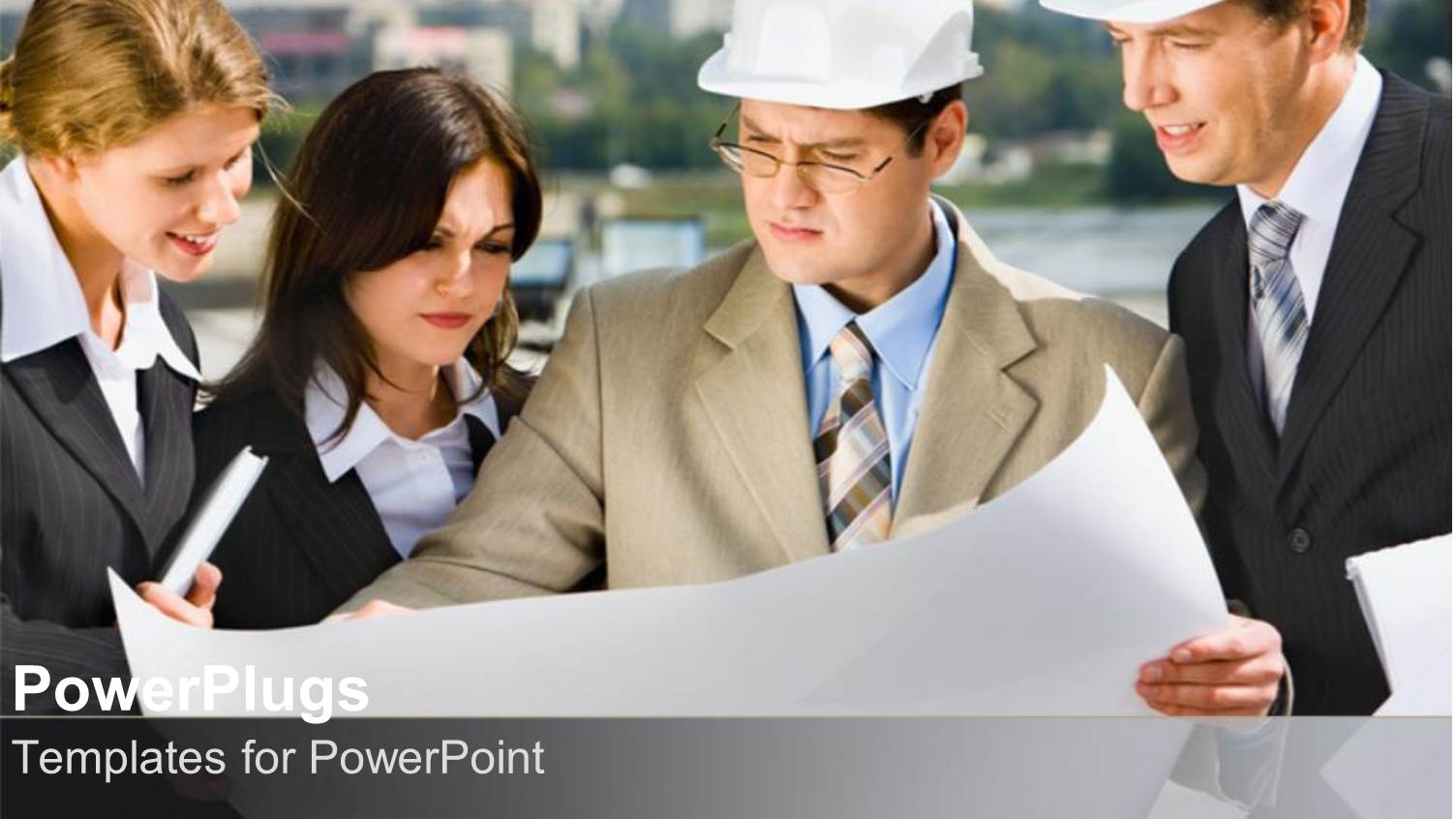 Business People with Hard Hats Studying Blueprint Diagram