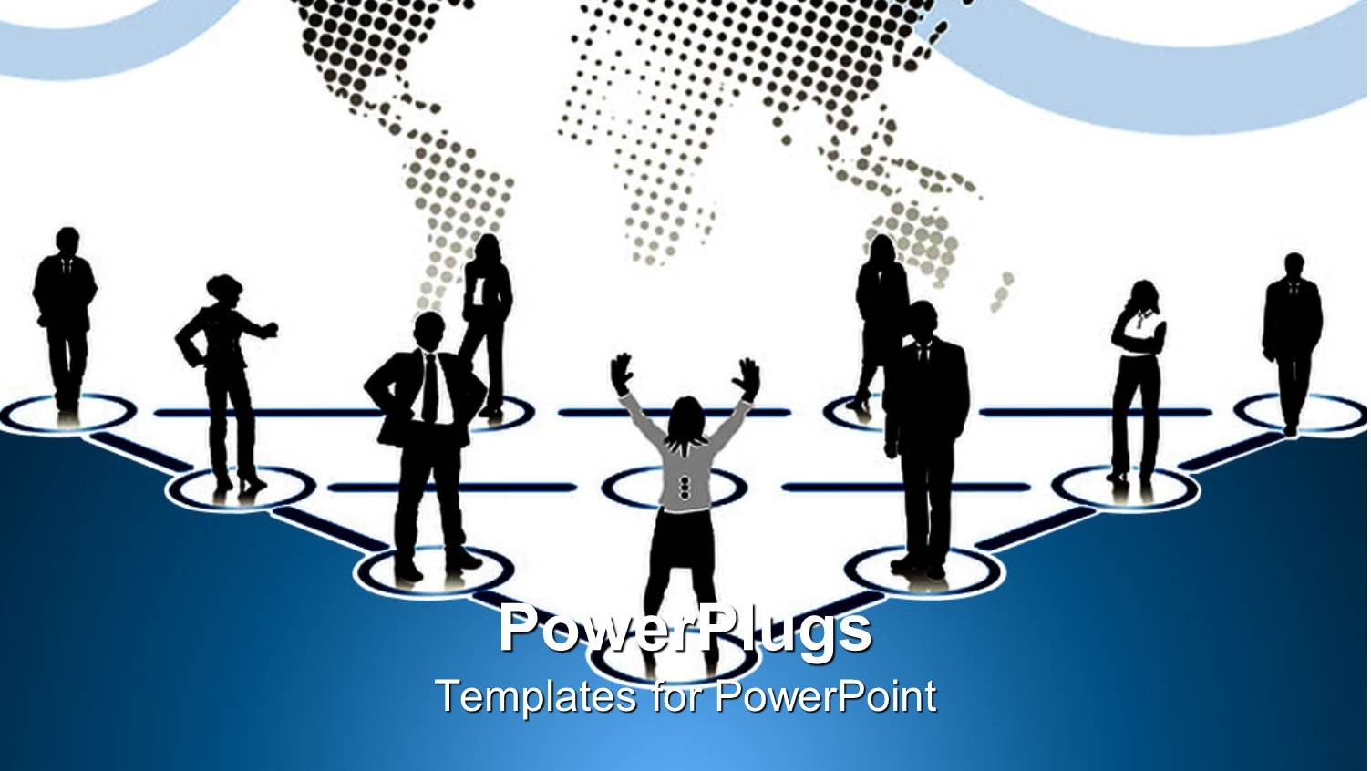 Business People Sitting in Circles Creating a Triangle and Plain World Map in the Background