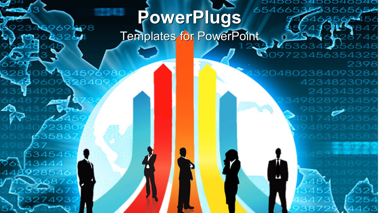 Business People Standing on Colorful Arrows on a Blue Graphics Background