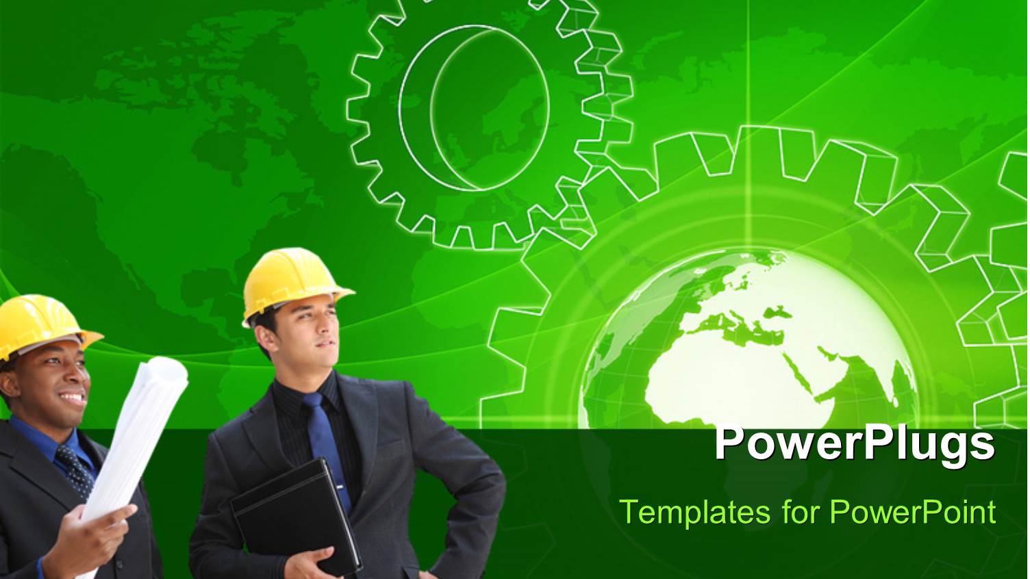 Business People Standing in Front of Gear Wheel Blue Print and Globe