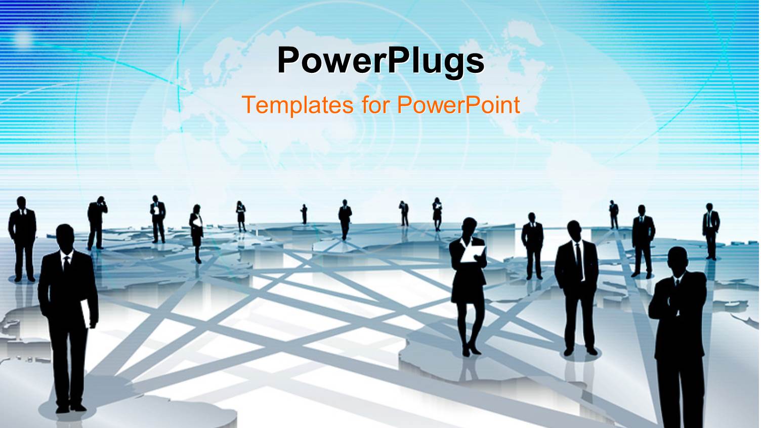 Business People Standing Scattered across large World Map Connected by Gray Lines