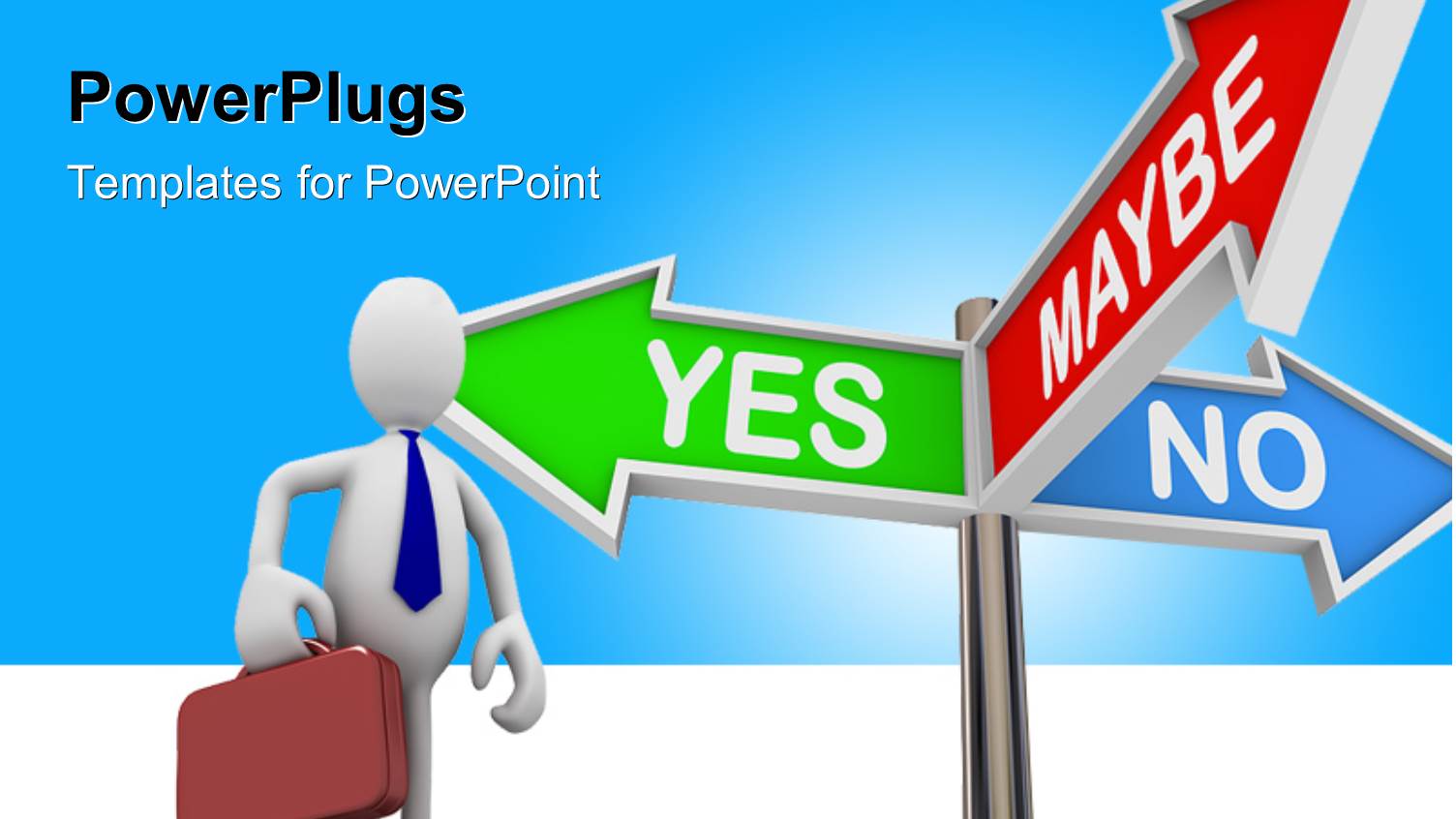 Business Person Standing in Front of Three Colorful Arrow Signs Reading Yes no and Maybe with White Color