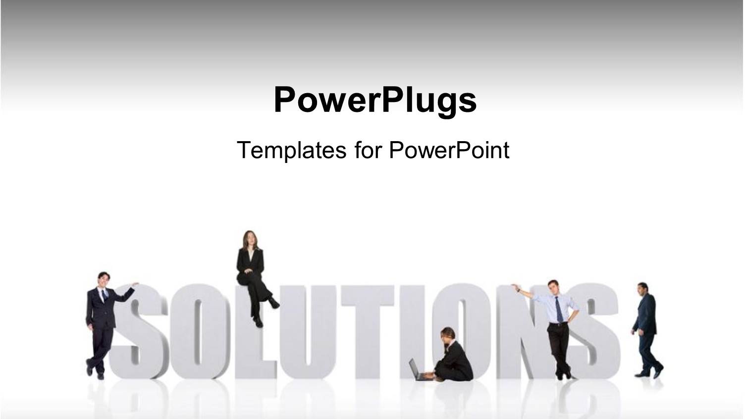 Business Professionals Lean Against 3D SOLUTIONS on White Background