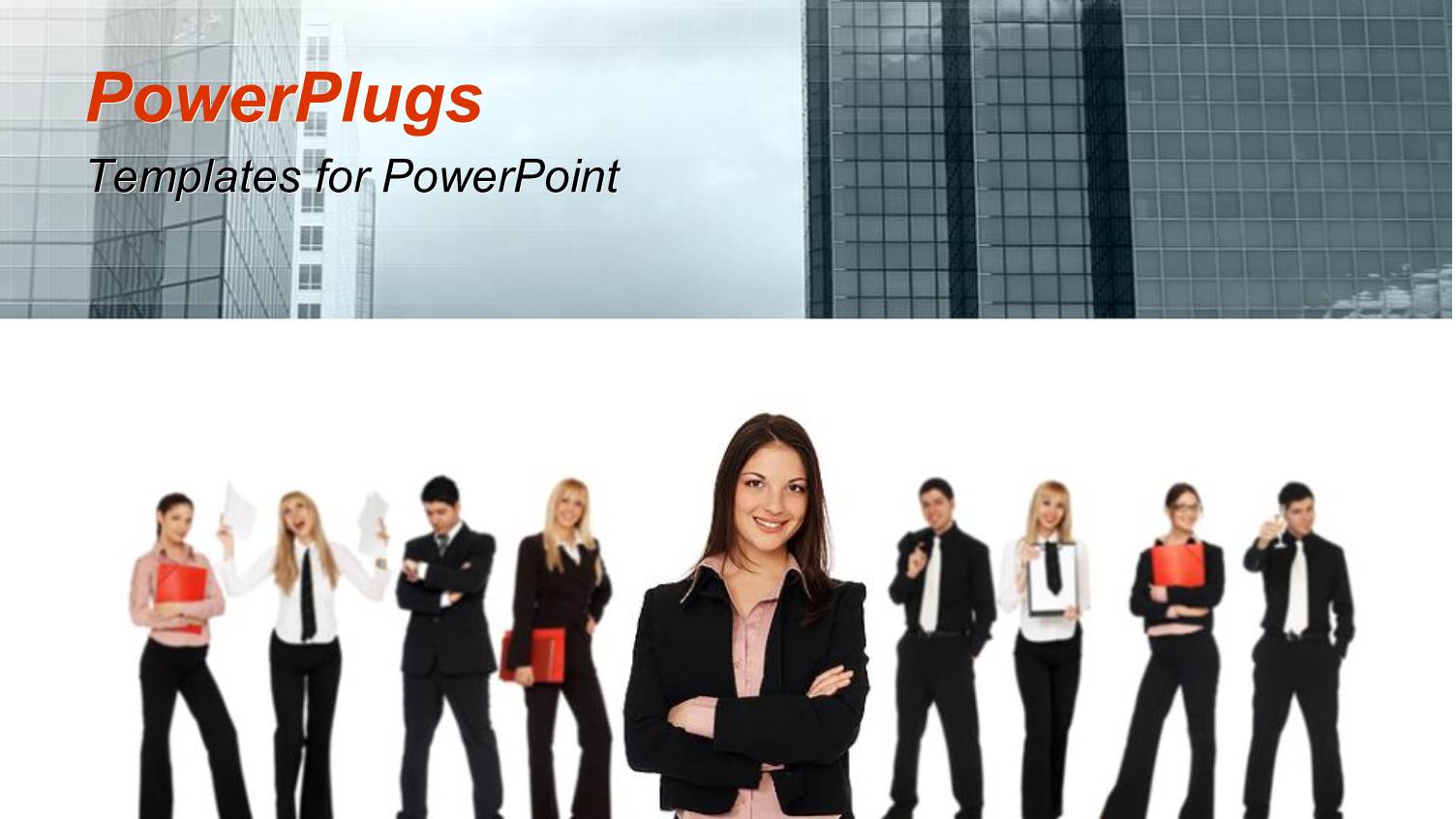 Business Professionals Pose on White Background with Office Buildings Behind