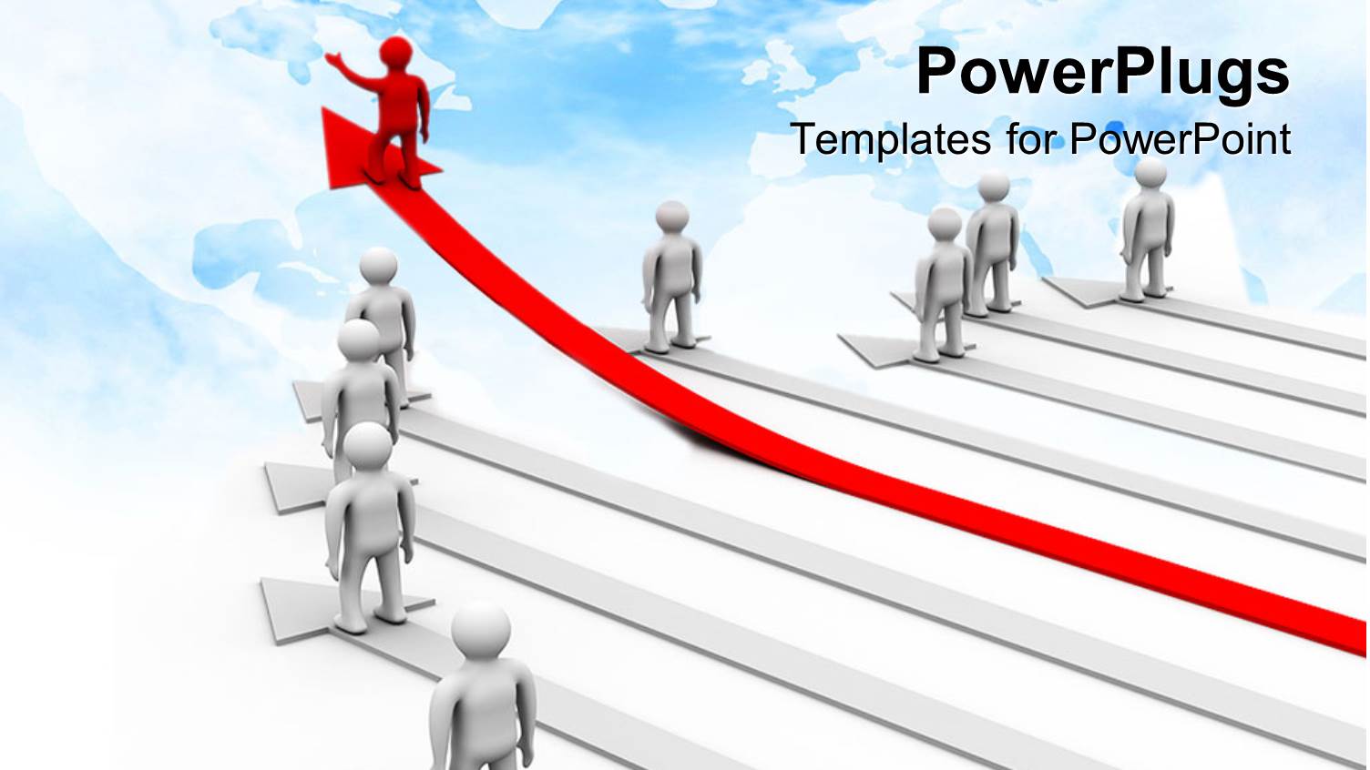 Business Success Metaphor with Red Person on Up Arrow and White People on Flat Arrows, World Map