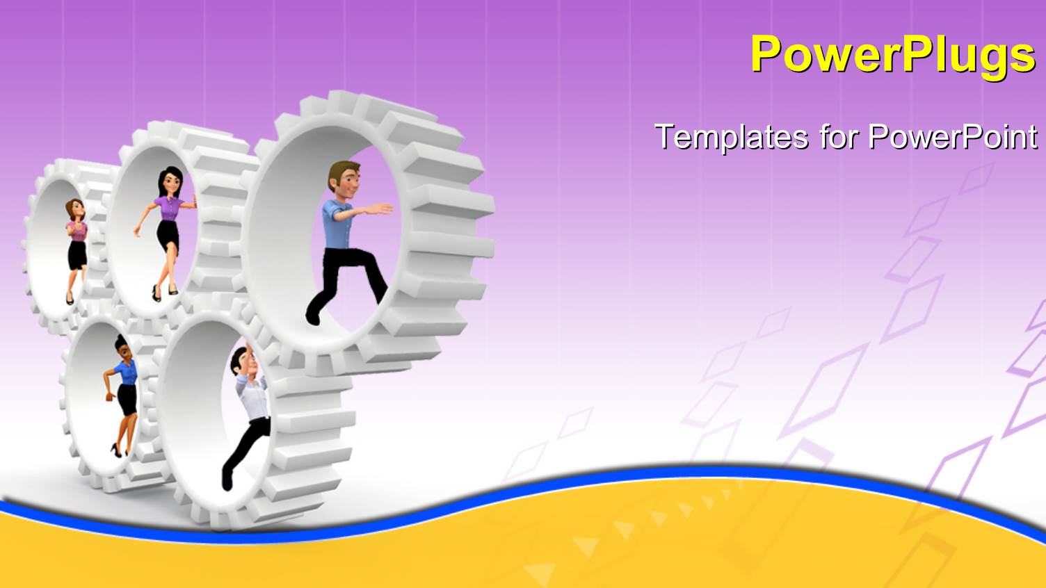 Five Human Cartoon Characters Running Inside White Gears