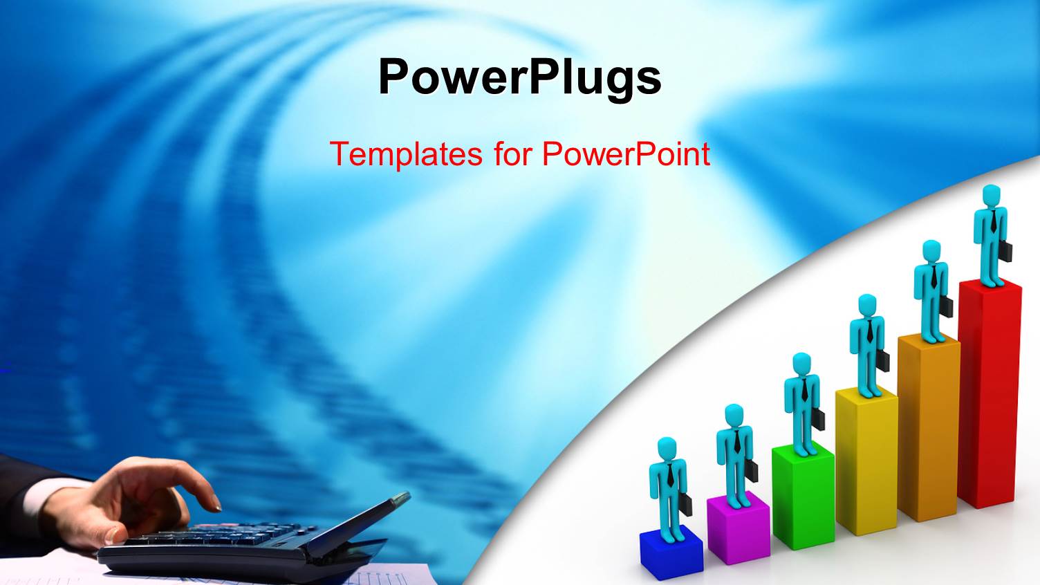 3D Business Men Stand on Bars of Business Chart with Hand and Calculator