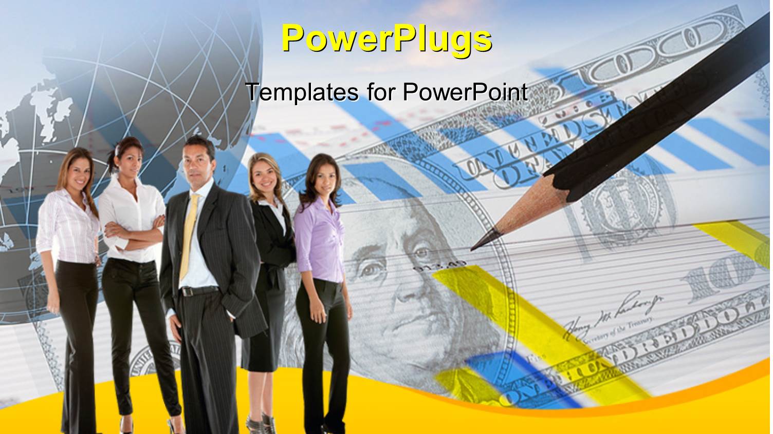 Business Team with Pencil on Dollar Bills and Financial Chart 