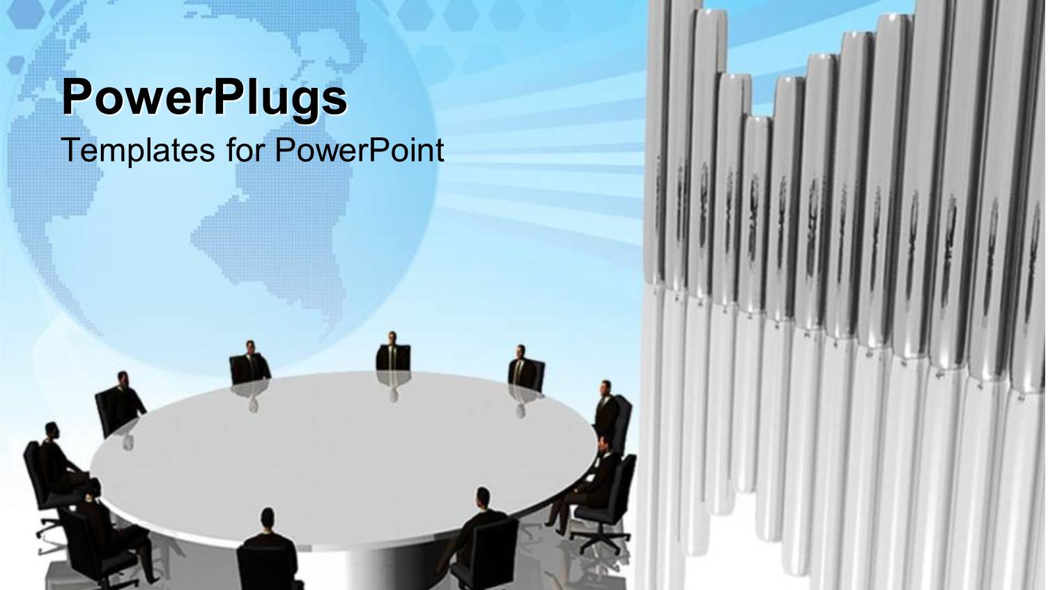 Business Team Sitting Around a Round Table with 3D Diagram Bars and Faded Globe in the Background