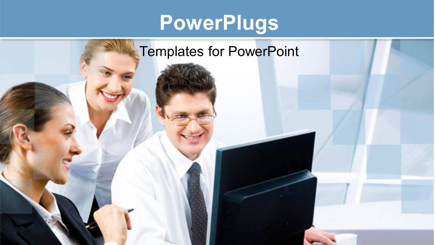 Business Team of Three with Coffee and Laptop on Desk in Office Building