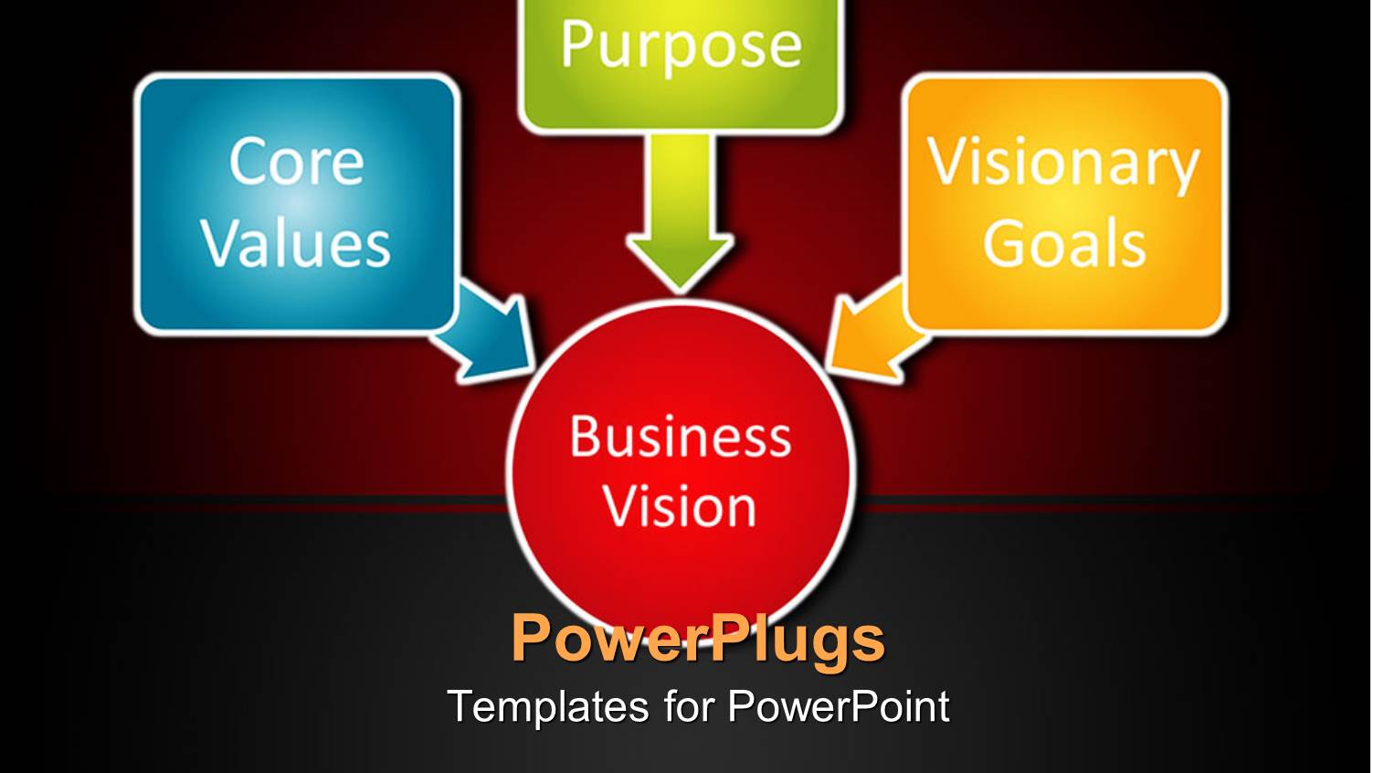 Business Theme with Diagram with Red Circle Business Vision and Three Rectangular Colored Tiles with Arrows Pointing to