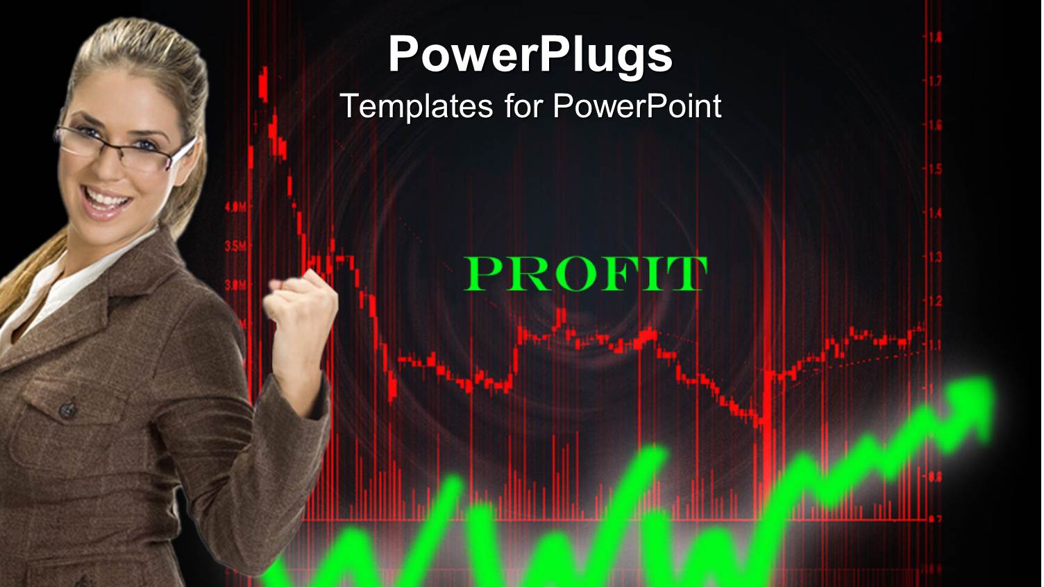 Business Woman Celebrating Profit, Red Stock Market Chart, Green Upward Trend Arrow