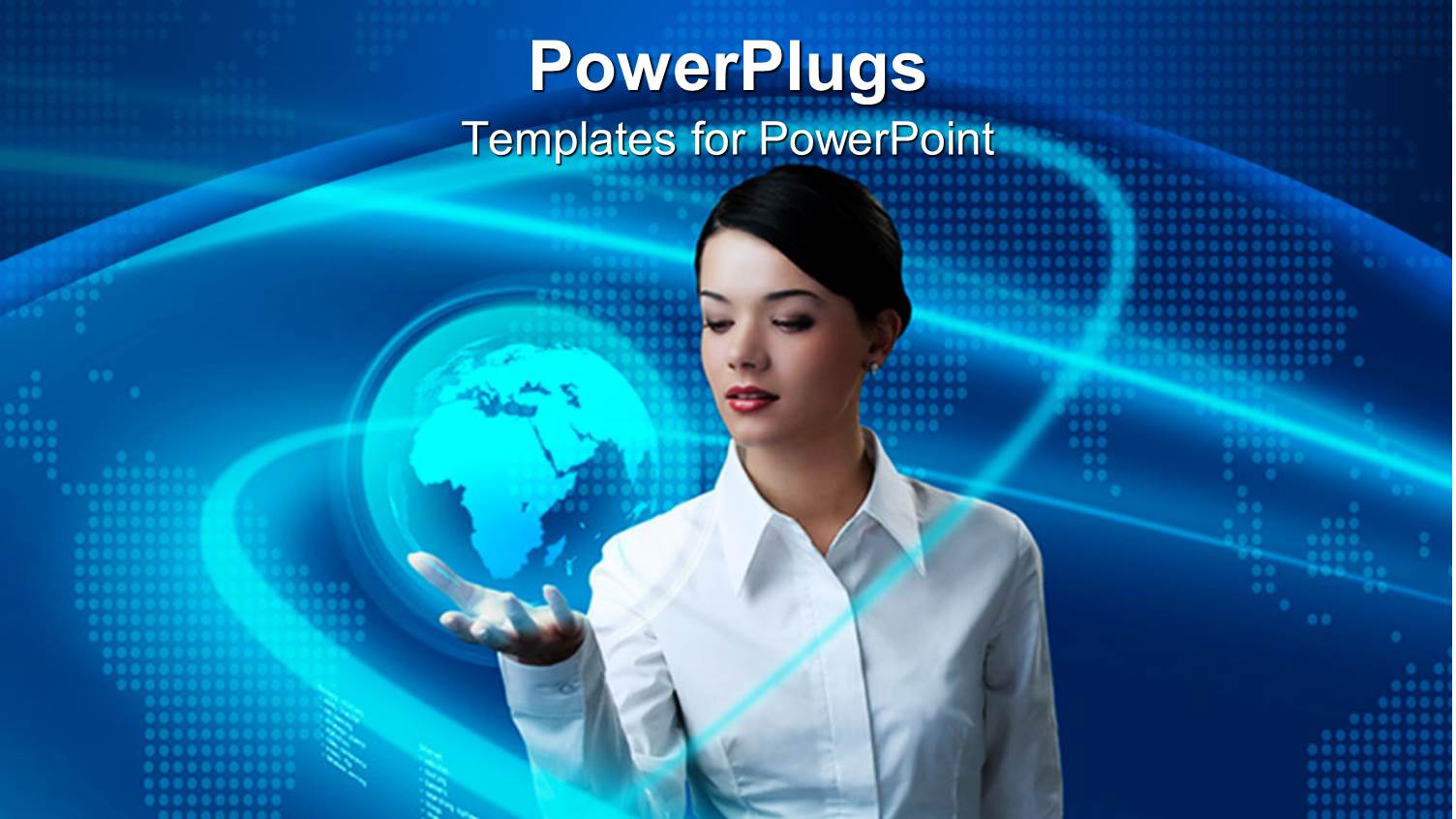 Business Woman Holding Glowing Globe in Hand, Flat World Background