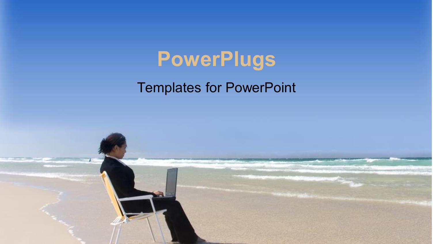 Business Woman Sitting on a Beach Chair Working on Laptop on Beach Near the Ocean