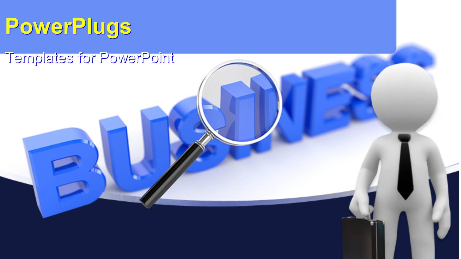 Business Word with Magnifying Glass and Humanoid in Foreground and White Color