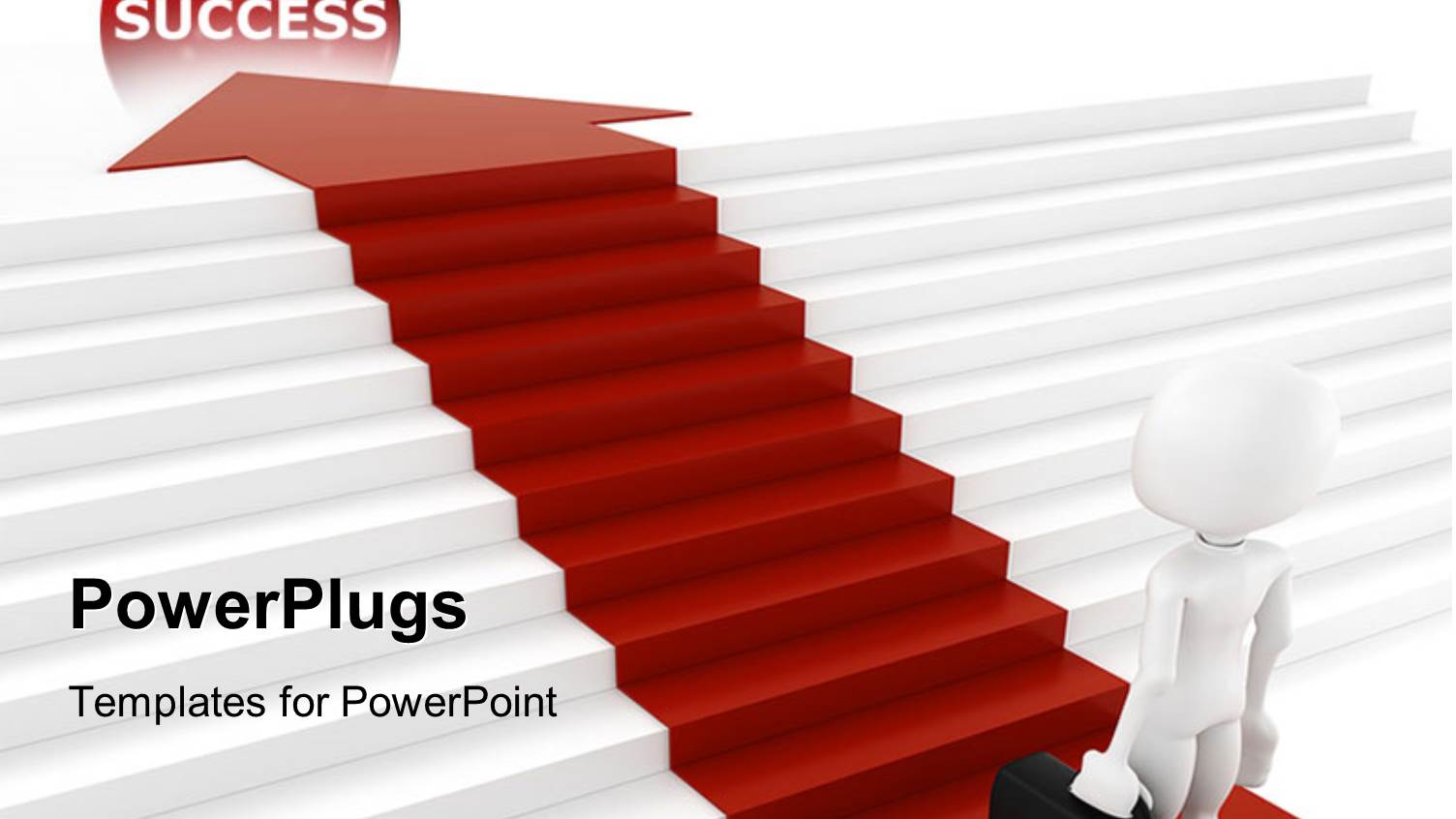 Businessman with Briefcase Following Red Arrow and Climbing Stairs to Reach the Red Success Ball