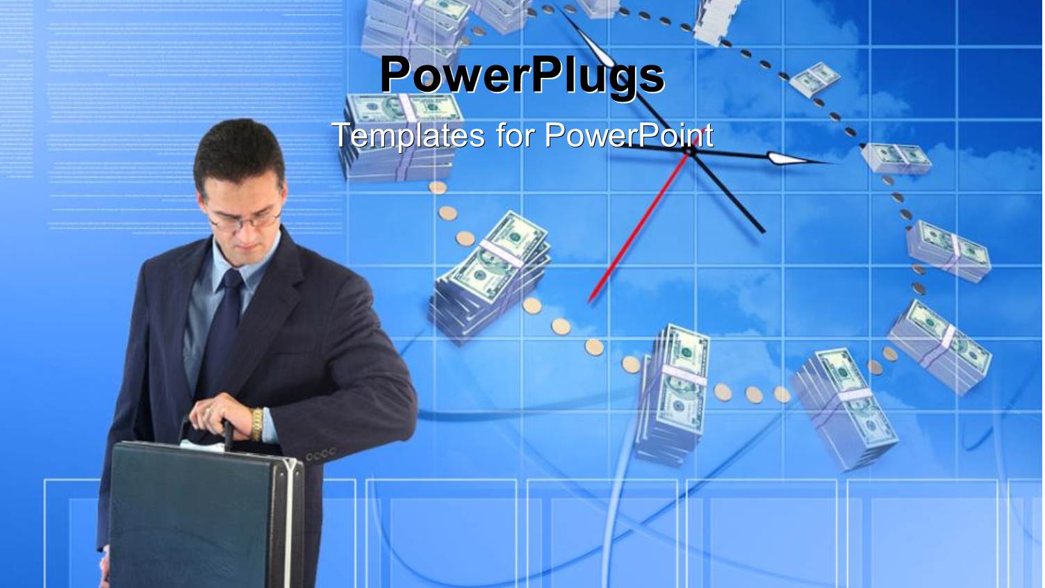 Businessman with Briefcase Looks at Wristwatch with Clock in Blue Surface