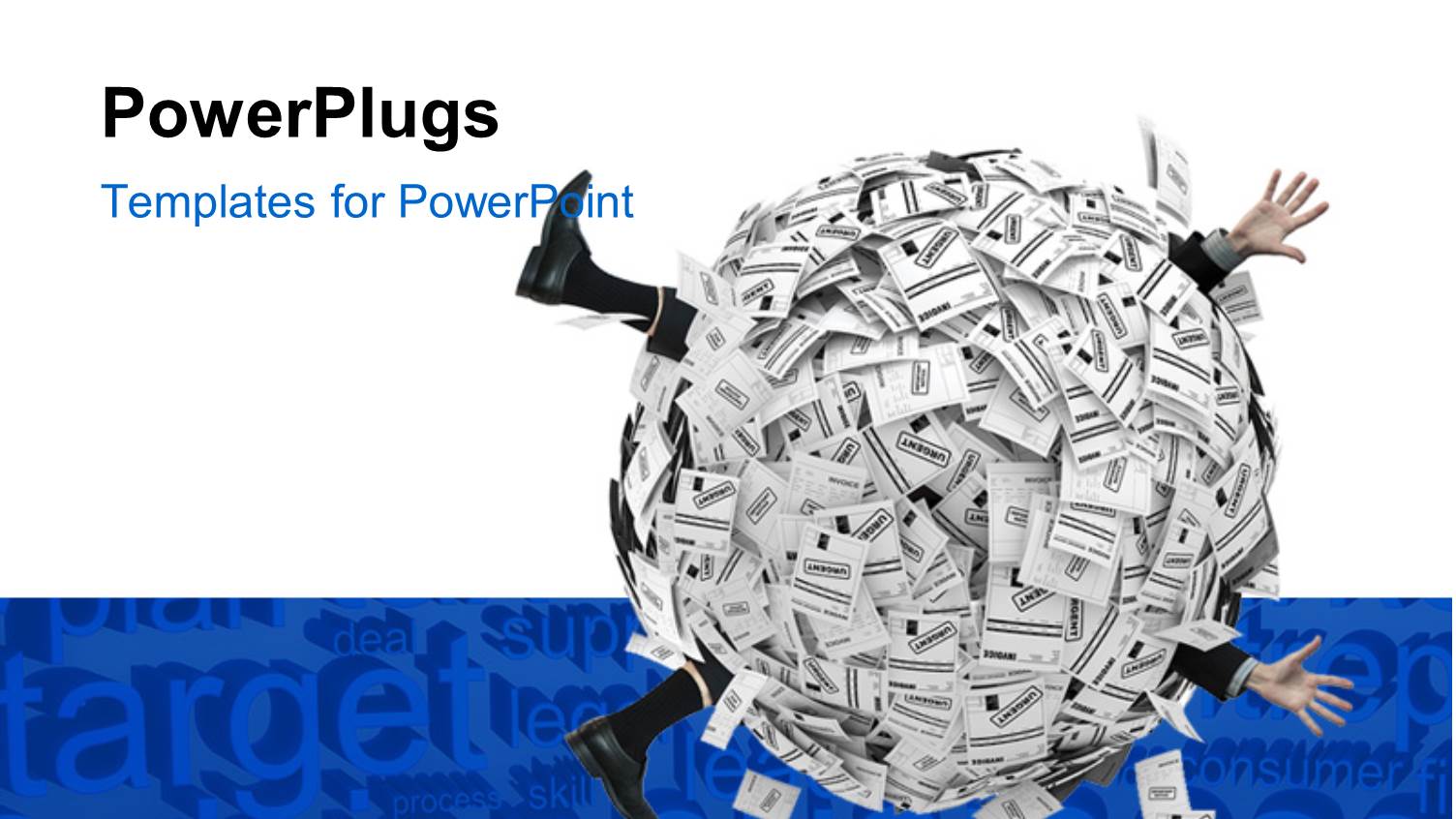 Businessman Buried in Sphere of Financial Invoices with Business Keywords in the Background