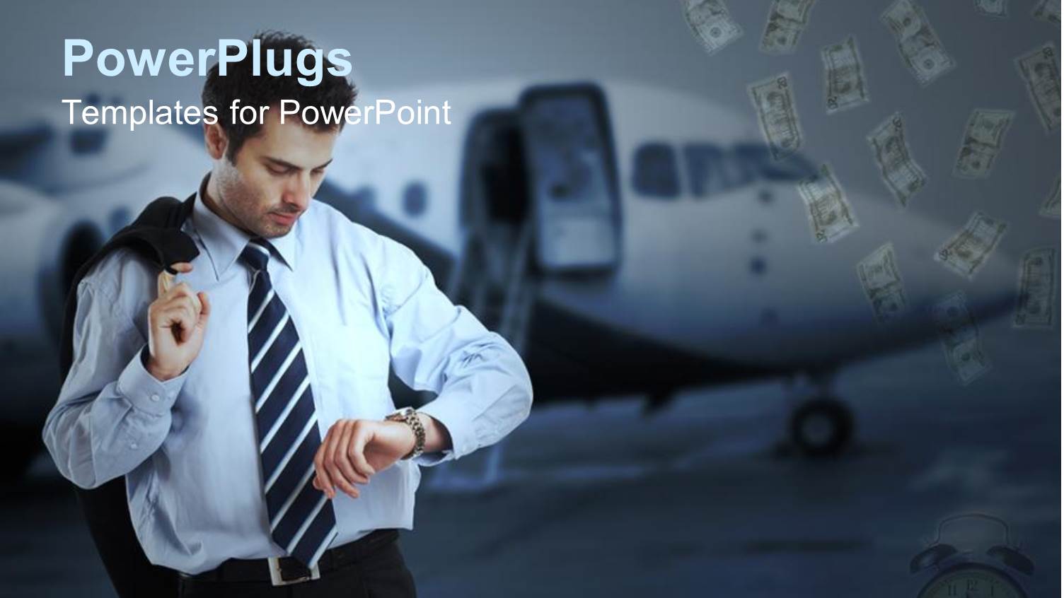 Businessman Checking Wristwatch Beside Airplane with Dollar Bills Dropping