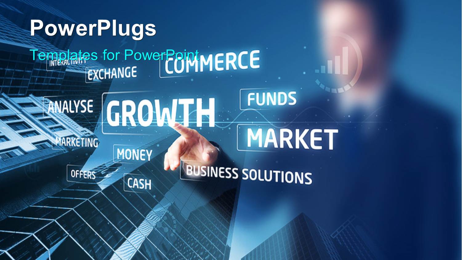 Businessman Pressing Buttons on Touchscreen with Skyscrapers in the Background